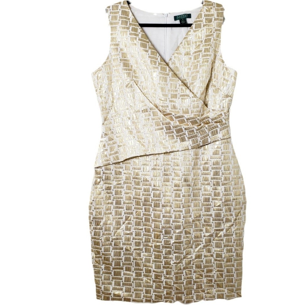 Lauren Ralph Lauren Metallic Gold Sleeveless Surplice Sheath Dress Size 16 Party